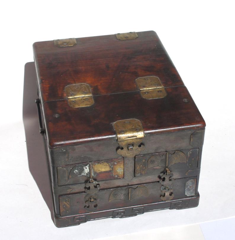 Antique Rosewood Brass Chinese Make Up, Vanity Mirror Trinket Box
